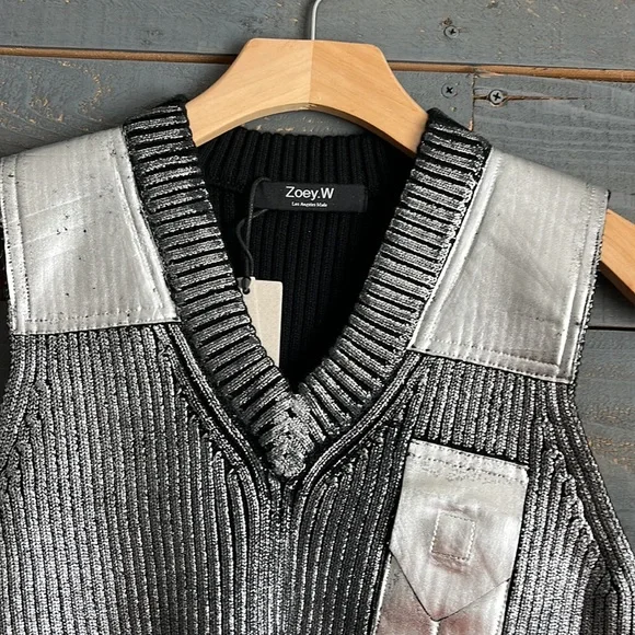 Zoey W. Los Angeles Metallic Knit V Neck Patch Vest Grey Silver - Picture 3 of 12